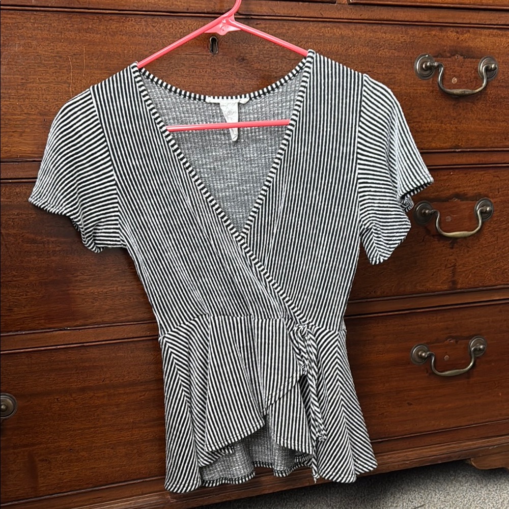 Striped Black and White Wrap Top